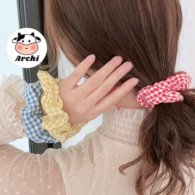 Buộc tóc voan scrunchies kẻ caro