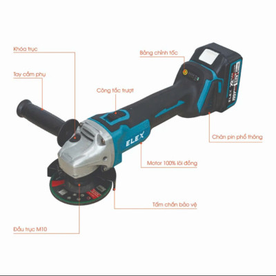 Máy mài pin ,Máy mài góc, Máy Cắt pin ELEX đùng Pin 10cell Boshun Động cơ không chổi than siêu bền, Có điều chỉnh tốc độ