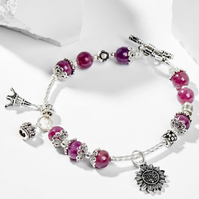 Vòng Tay Phong Thủy Nữ Đá Ruby Phối Charm Hoa Hướng Dương Bạc (6mm) Mệnh Hỏa, Thổ Ngọc Quý Gemstones