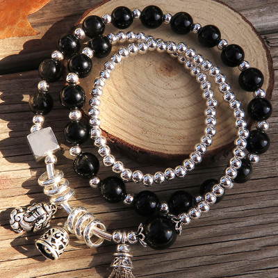 Vòng 3 line đá thạch anh tóc đen phối tỳ hưu mệnh thủy, mộc - Ngọc Quý Gemstones