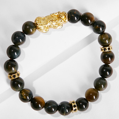 Vòng tay đá mắt hổ charm tỳ hưu bọc vàng 24k Ngọc Quý Gemstones