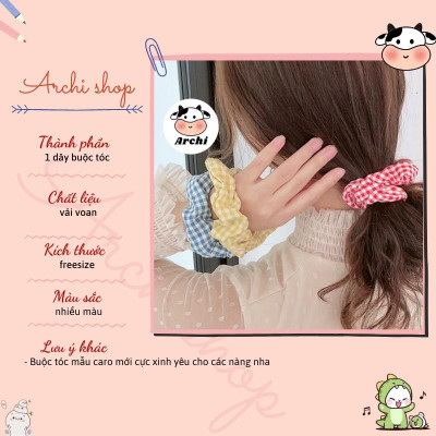 Buộc tóc voan scrunchies kẻ caro