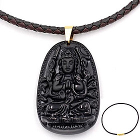 Dây chuyền mặt phật Thiên Thủ Thiên Nhãn thạch anh đen 5cm + dây da - phật bản mệnh tuổi Tý
