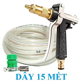 Bộ dây vòi xịt nước rửa xe, tưới cây . tăng áp 3 lần, loại 15m 206236 đầu đồng,đai,nối vàng+ tặng mở chai TL