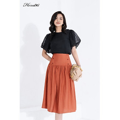 Chân váy xòe rút nhún tùng váy tạo điểm nhấn HeraDG thiết kế 2 lớp đính cúc trang trí chất liệu đũi cao cấp SJPBB3041