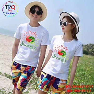 Đồ đôi đi biển mẫu mới đẹp sang chảnh quần đa sắc áo dưa hấu hello summer ( giá 1 bộ gồm 1 quần + 1 áo)