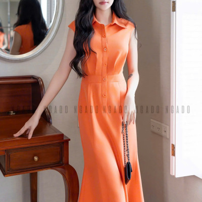Đầm cam eo xếp ly NGADO , đầm thiết kế , đầm công sở , dạo phố