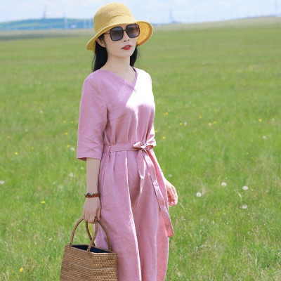 Đầm suông linen nữ cổ V, thiết kế trơn basic, thời trang nữ thanh lịch, nhẹ nhàng NH198 hồng
