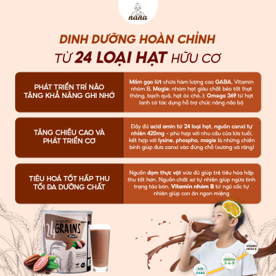 Sữa Hạt Gạo Lứt Hữu Cơ 24Grains 700g Vị Socola Nhập Khẩu Malaysia Cho Trẻ Từ 3 Tuổi & Người Lớn Bổ Sung Dinh Dưỡng Vegan - 24grainsvn
