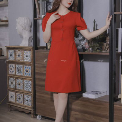 Váy Vải Trơn Cúc Trước Màu Đỏ Cao Cấp 23V059