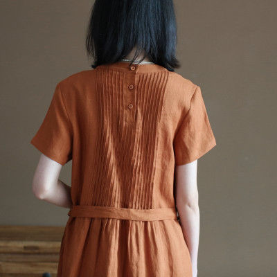 Đầm suông linen nữ cổ tròn kín đáo, đầm có túi chéo tiện lợi, kèm dây thắt eo xinh NH191 cam