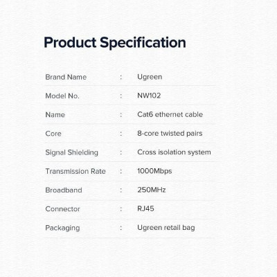 Ugreen UG50181NW102TK 20M Cat6 UTP cáp mạng Gigabit dây dẹp màu đen 26AWG CCA - HÀNG CHÍNH HÃNG