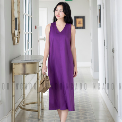 Đầm tím cổ tim NGADO , đầm nữ , Đầm suông , Đầm thiết kế