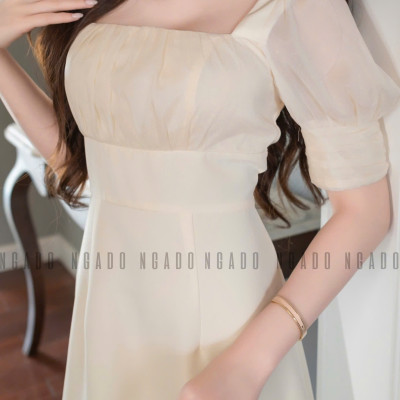 Đầm kem cổ vuông phối voan NGADO , đầm kiểu Nữ , đầm voan