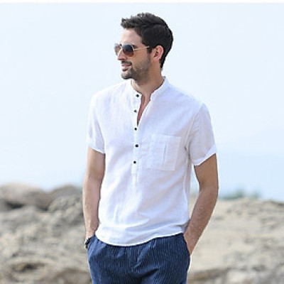 Áo sơ mi nam ngắn tay cổ tàu, áo sơ mi linen, phong cách Hàn Quốc, trang nhã, lịch lãm