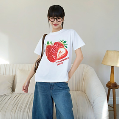 Áo thun nữ chất vải cotton thấm hút tốt in hình quả dâu Strawberry Lover Miều Est.2013