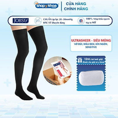 [CÓ QUÀ TẶNG] [Da nhạy cảm] Vớ y khoa đùi silicone JOBST Ultrasheer Sensitive - Siêu mỏng, màu đen, kín ngón, 20-30mmHg, giãn tĩnh mạch chân (Tất y khoa)
