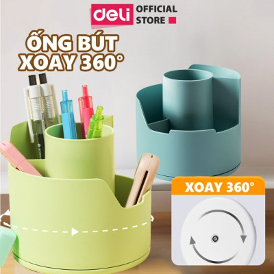 Ống Bút Xoay 360 Độ Deli - Hộp Đựng Bút Tròn Nhiều Ngăn Để Bàn Tích Hợp Giá Đỡ Điện Thoại - Tặng Kèm Sticker