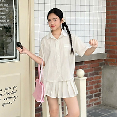 Set áo sơ mi họa tiết sọc thêu nơ trước túi kèm chân váy sọc xếp ly Bow Miều Est.2013