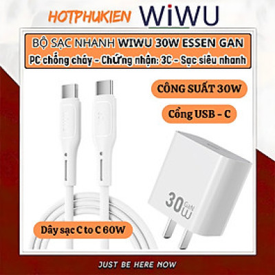 Bộ cóc củ dây sạc nhanh 30W USB C kèm dây Type C to Type C 60W PPS chống cháy hiệu WIWU GAN ESSEN Fast Charger cho iPhone 6 15 14 13 12 11 cho iPad S24 S25 Find Flip Fold - Hàng nhập khẩu