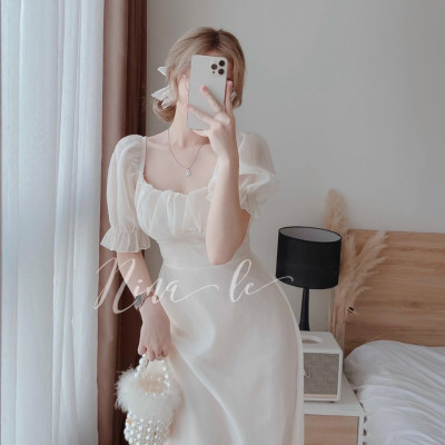 Đầm tay phồng xếp ly ngực