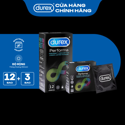 Bộ bao cao su Durex Performa kéo dài thời gian size 52mm, 1 hộp 12 bao và 1 hộp 3 bao