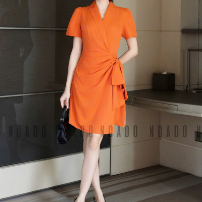 Đầm cam vạt xếp NGADO , đầm ngắn , đầm thiết kế Nữ