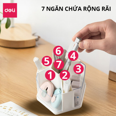 Ống Bút Xoay 360 Độ Deli - Hộp Đựng Bút Tròn Nhiều Ngăn Để Bàn Tích Hợp Giá Đỡ Điện Thoại - Tặng Kèm Sticker