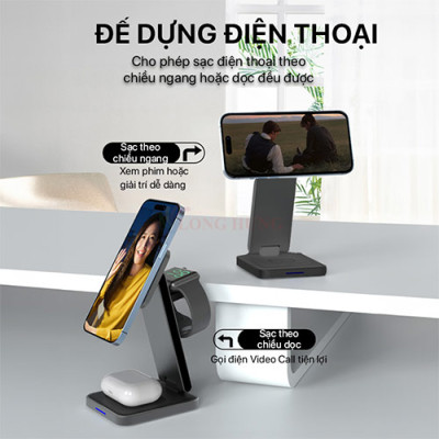 Đế sạc không dây Philips 3-in-1 Wireless Charger With Magnetic DLP8330 - Hàng chính hãng