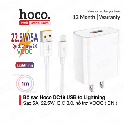 Bộ Sạc Nhanh Dành Cho Hoco DC19 USB To IP, Sạc Nhanh 5A/22.5W, Kèm Dây Dài 1m, Hỗ Trợ Sạc VOOC, Quick Charge 3.0, Hàng Chính Hãng.