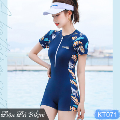 Bộ bơi liền thân nữ cộc tay khóa kéo, mẫu trẻ trung năng động, tôn dáng tránh lộ bụng, chất bơi thun lạnh Lycra dầy đẹp | KT071
