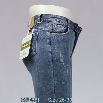 Quần Jean Nữ Lưng Cao Có Cúp Ngang Cào Xước Tua Lai