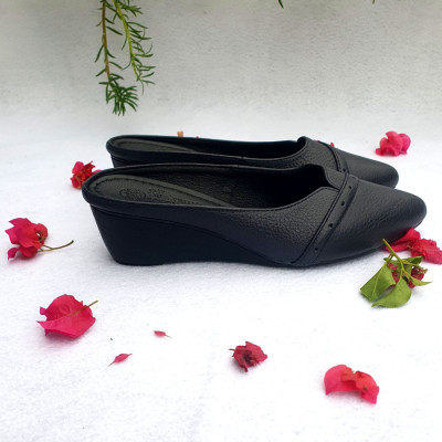 Giày Sục nữ da bò đế xuồng 5cm mũi nhọn màu xanh đen Trường Hải S129 CÓ SIZE LỚN