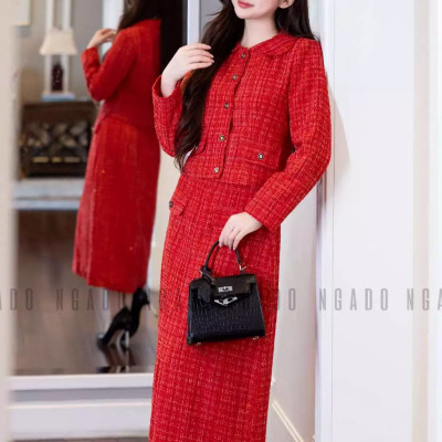 Set áo váy tweed đỏ NGADO , set áo kèm chân váy dáng dài