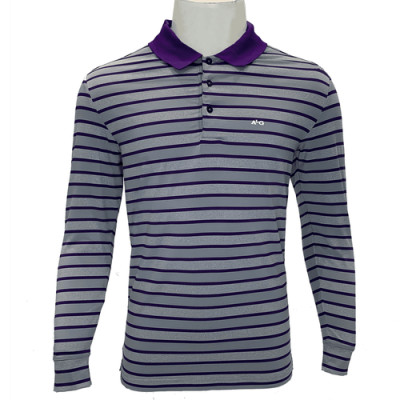 Áo thun tay dài cổ bẻ kẻ tím nền xám ALIGRO ALGAPD016