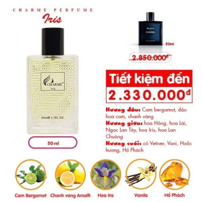 Nước hoa nam quyến rũ, Charme Iris, thơm lâu, sành điệu cá tính, lưu hương cả ngày, 50ml