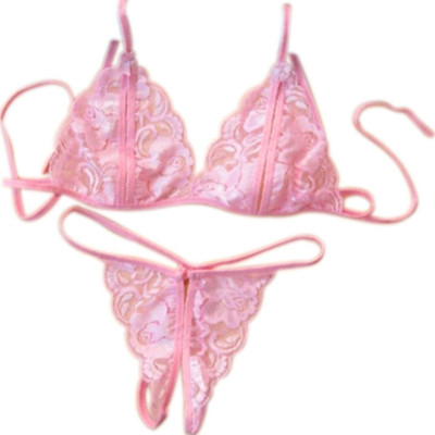Bộ đồ lót ren xuyên thấu 2 mảnh áo con + Quần lọt khe - Màu hồng