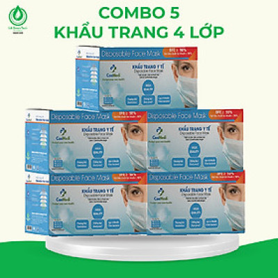 COMBO 5 HỘP Khẩu trang y tế CAEMEDI 4 lớp Xanh cao cấp, kháng khuẩn, lọc bụi bẩn đạt chuẩn BFE, FDA xuất khẩu Châu Âu - Hộp 50 cái
