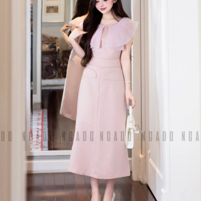 Đầm hồng phối voan NGADO , đầm dự tiệc , đầm công sở