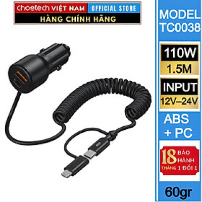 Tẩu sạc trên ô tô 110W Choetech TC0038 tích hợp cáp lò xo Type C kèm đầu nối iP - Hàng chính hãng