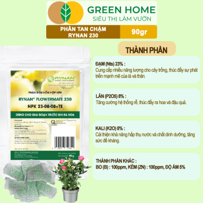 Phân Tan Chậm GreenHome, Rynan 230, Bao 90g ~ 30 Túi Lưới 3g, Dùng Cho Hoa Kiểng Trước Khi Ra Hoa