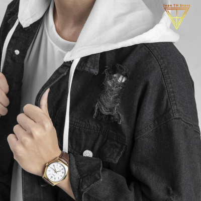 Áo khoác jean nam đen có nón nỉ in Skul Dust, áo khoác bò cá tính, trẻ trung