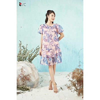 Đầm suông họa tiết Tropical, tay bồng, đính bông Tri