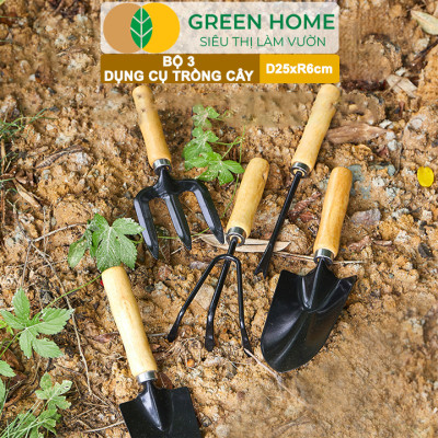 Dụng Cụ Làm Vườn Greenhome, D25cm, Cán Gỗ, Lưỡi Thép, Gồm Xẻng Xúc Đất, Cào, Chĩa, Trồng Cây, Làm Cỏ Dễ Dàng