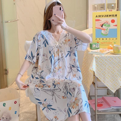 Váy/đầm nữ cộc tay cổ V phối ren vải lanh thoáng mát, dáng suông dài nhiều họa tiết freesize 45 - 65 kg