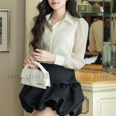 Set áo váy kem đen tùng bí NGADO , set áo váy ngắn tùng bí , set áo sơ mi