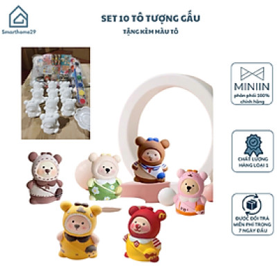 Sét 10 Tượng Tô Thạch Cao Gấu Mini Đeo Túi Nhân Vật Hoạt Hình Tặng Kèm Màu Và Cọ - Hàng Chính Hãng MINIIN