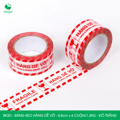 BK3D - Băng keo HÀNG DỄ VỠ màu đỏ trắng khổ 4.8 cm - Băng dính niêm phong - 3 cuộn