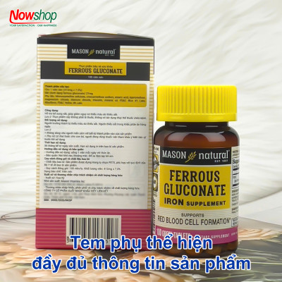 Ferrous Gluconate Mason Natural Hộp 100 viên bổ sung sắt hữu cơ dễ hấp thu không gây nóng táo bón